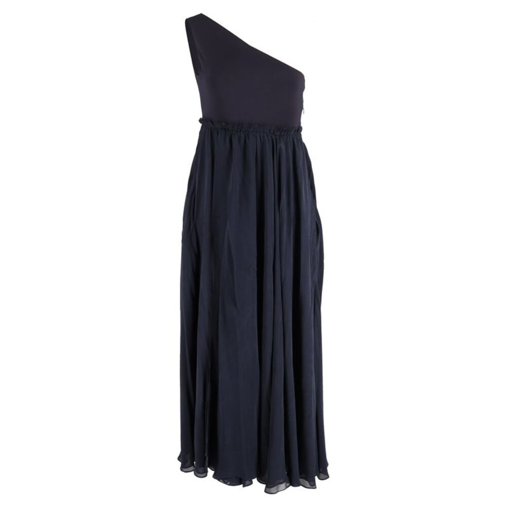Pierre Balmain Maxi One-Shoulder Sleeve Dress in Navy Blue Polyester and Cotton